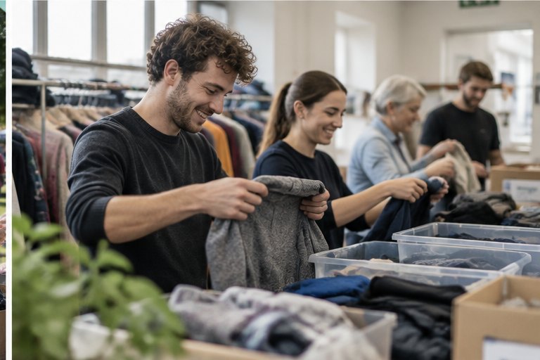 Volunteers sorting donated clothes together