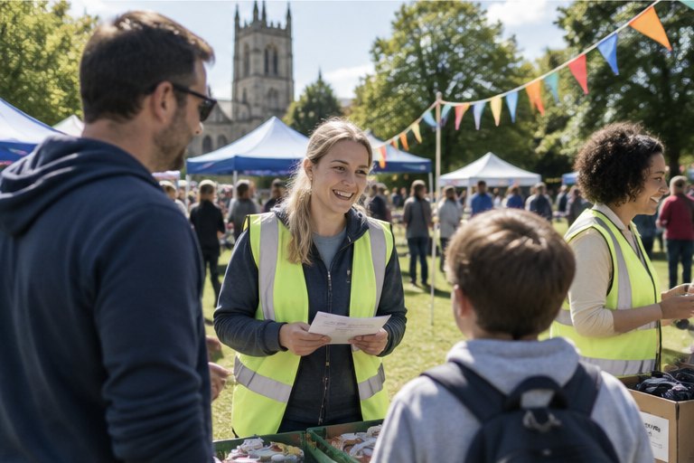 Community volunteers welcoming people at an outdoor event
